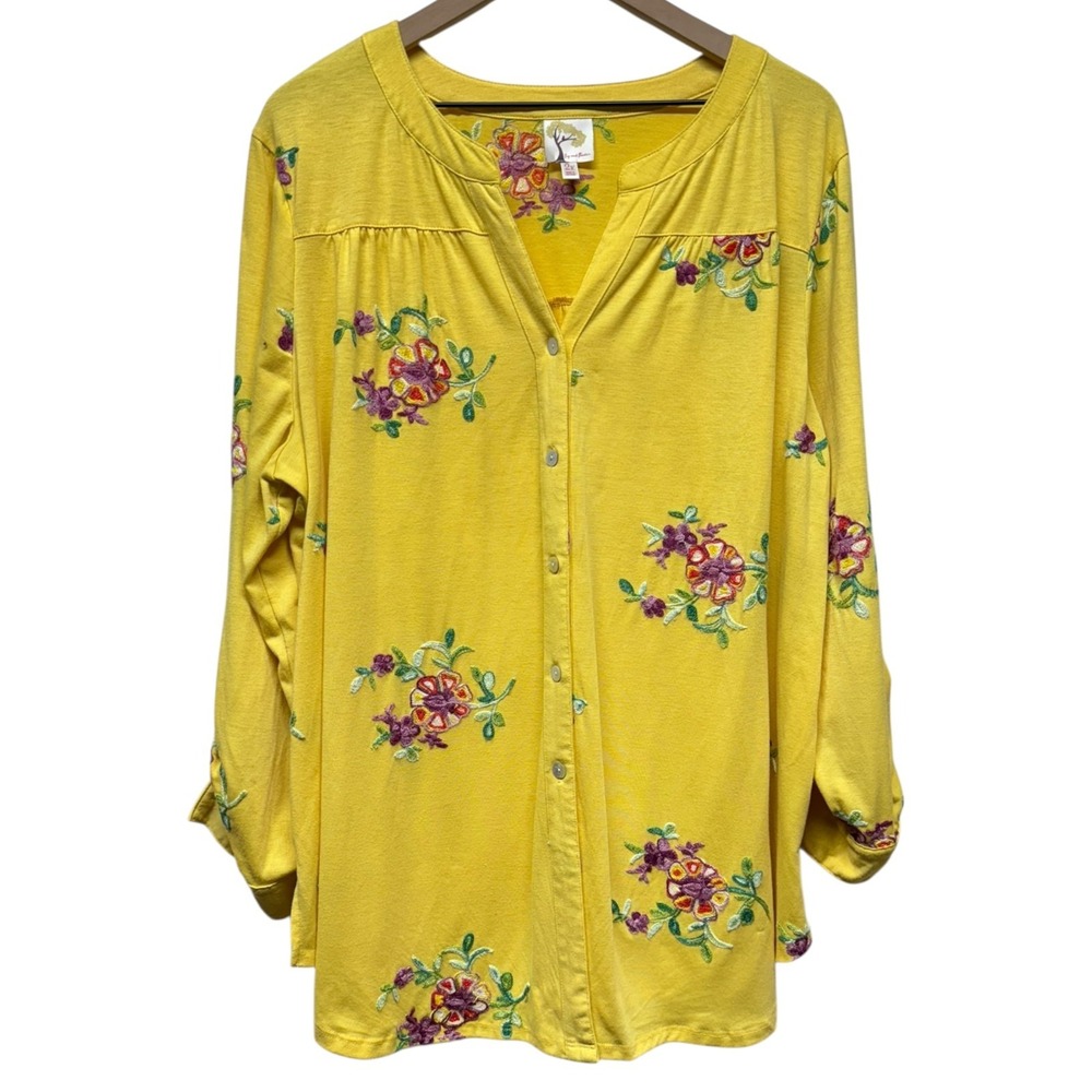 Fig & Flower Embroidered Floral Boho Top 2X Yellow Roll Sleeve Button Up